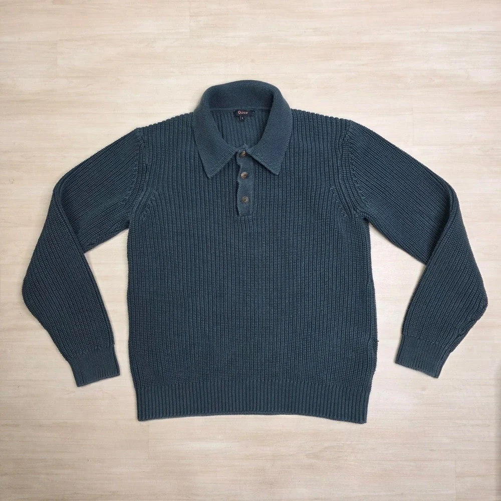 Quince Mens Organic Cotton Ribbed Knit Polo Sweater Big Sur Green Size Small